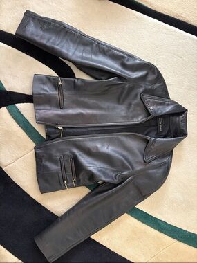 Black Leather Zip Jacket with Zip Pocket Details